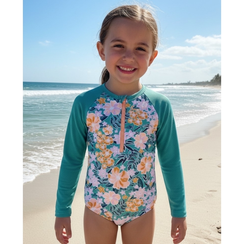 Cat & Jack Floral Print Ribbed  Sleeve One Piece Rash Guard Green Size XS (4-5)